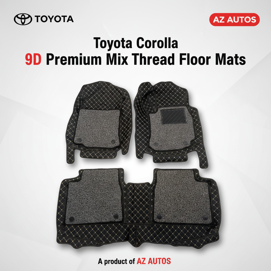 Toyota Corolla 9D Floor Mats Mix Thread Grass 3 Pcs - Model 2014-2021 - Black With Grey