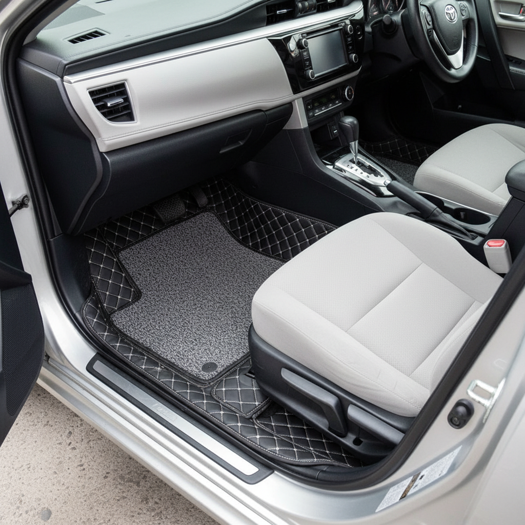 Toyota Corolla 9D Floor Mats Mix Thread Grass 3 Pcs - Model 2014-2021 - Black With Grey