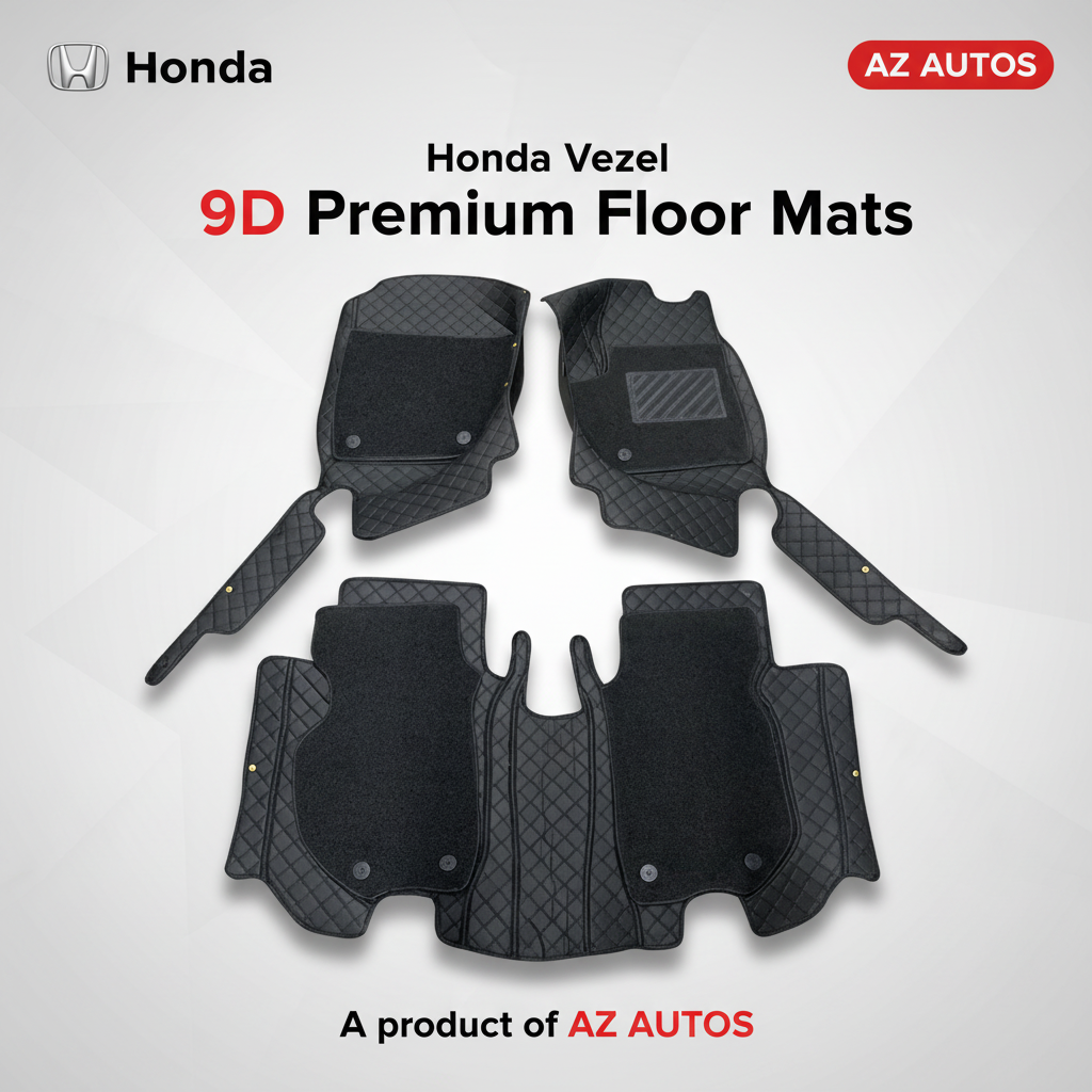 Honda Vezel 9D Floor Mats Mix Thread 3 Pcs - Model 2013-2018 - Black With Black Grass