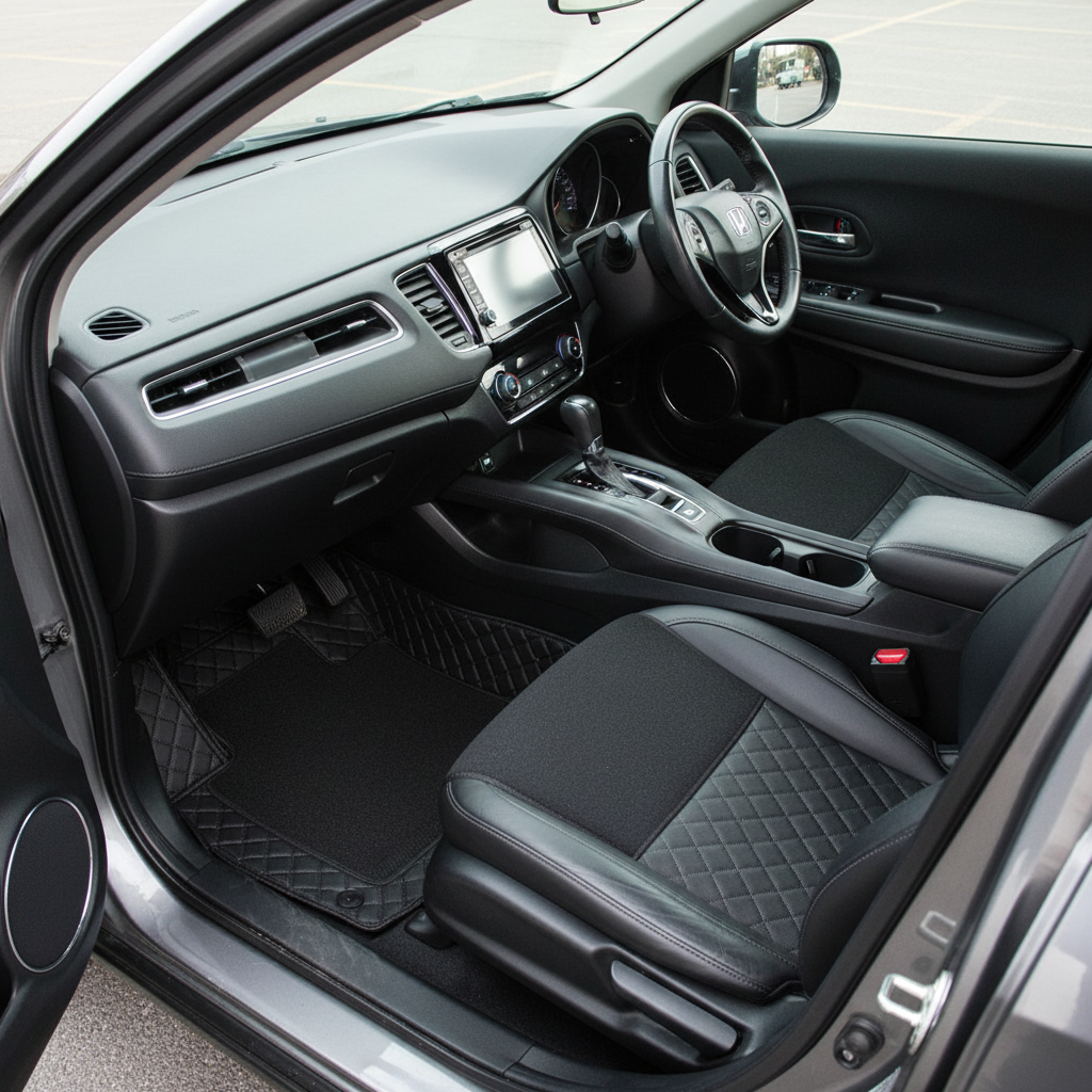 Honda Vezel 9D Floor Mats Mix Thread 3 Pcs - Model 2013-2018 - Black With Black Grass