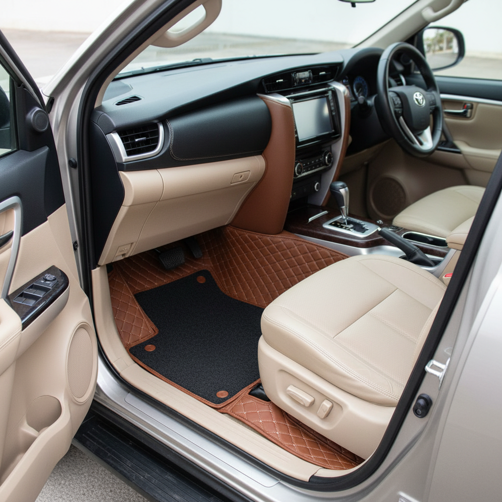 Toyota Fortuner 9D Floor Mats Mix Thread 4PC - Model 2016-2021 - Brown With Black Grass