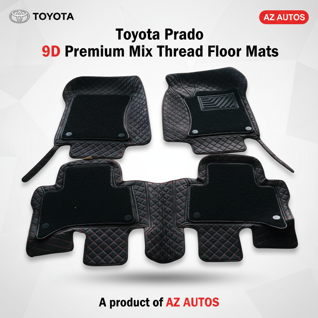 Toyota Prado 9D Floor Mats Mix Thread Grass 3 Pcs - Model 2009-2021 - Black With Black
