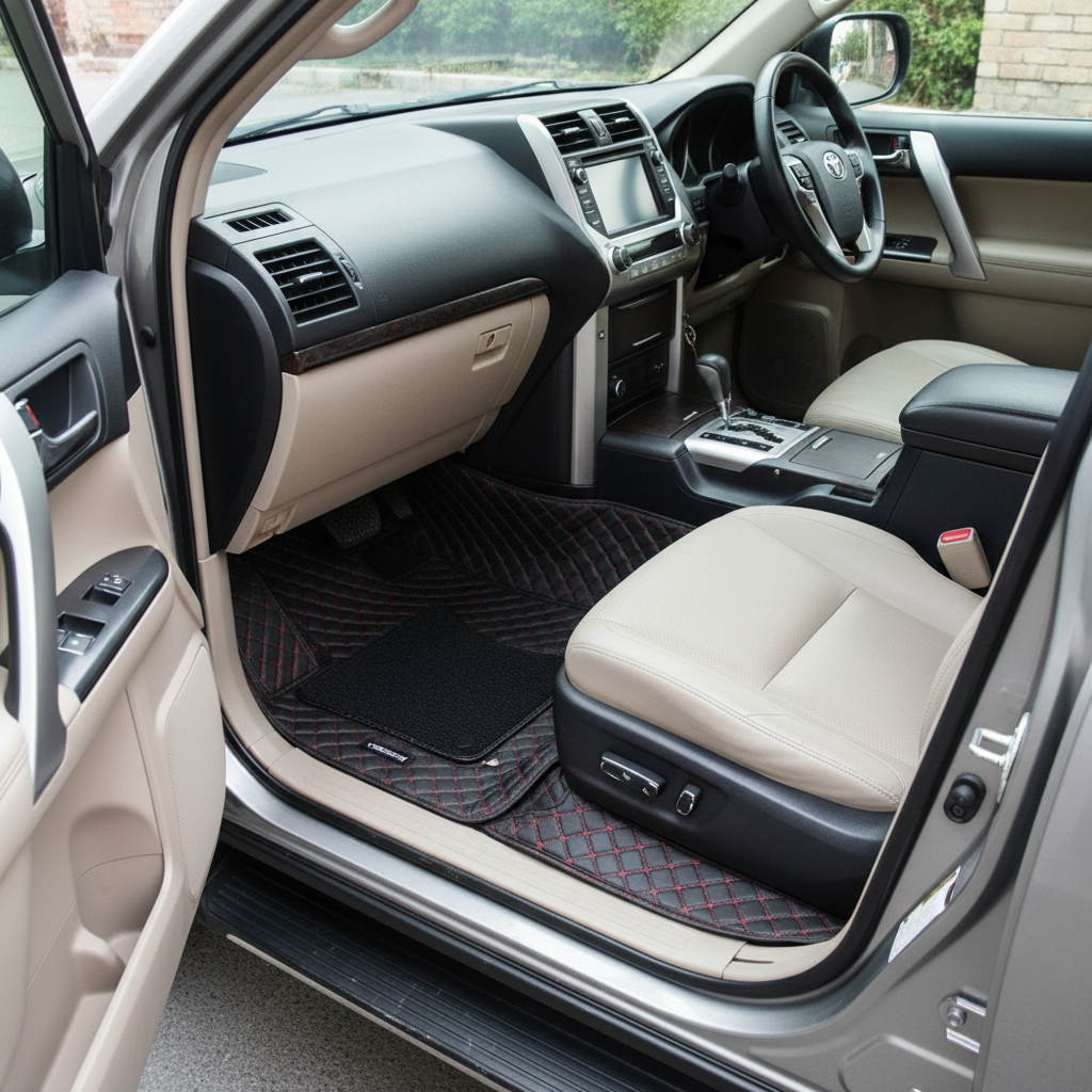 Toyota Prado 9D Floor Mats Mix Thread Grass 3 Pcs - Model 2009-2021 - Black With Black