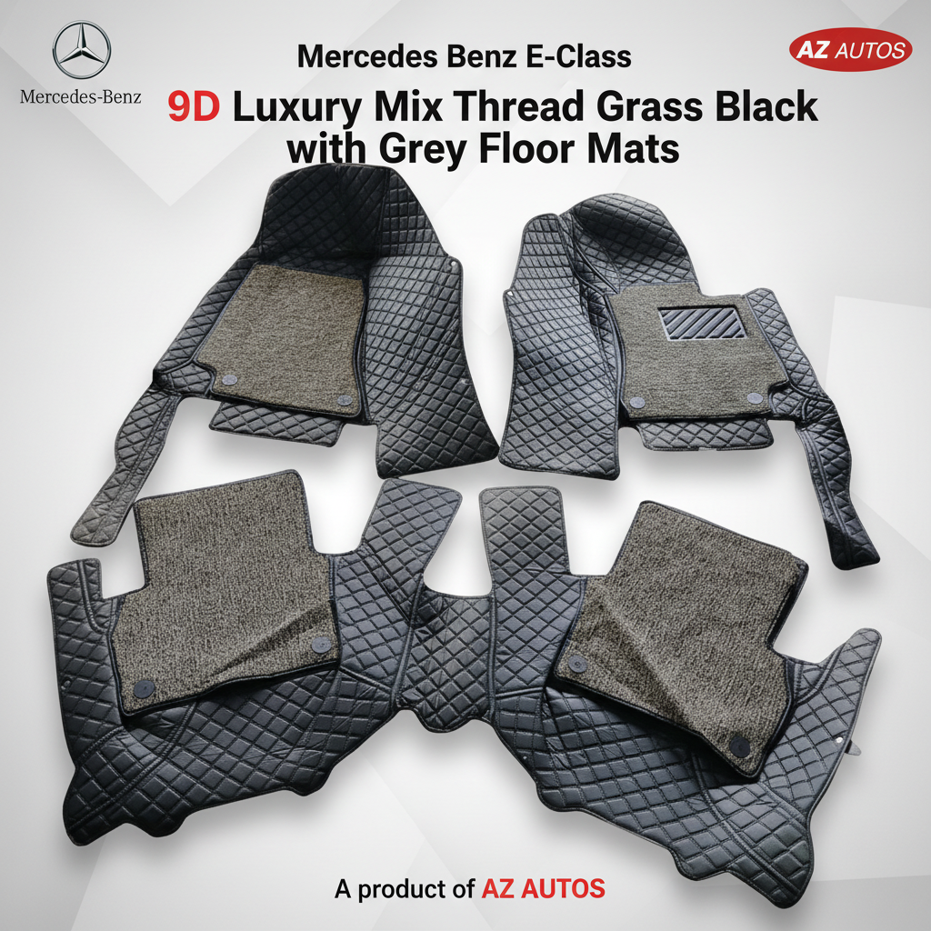 Mercedes Benz E-Class 9D Floor Mats 3 Pcs - Model 2016-2018 - Mix Thread Black With Grey Grass