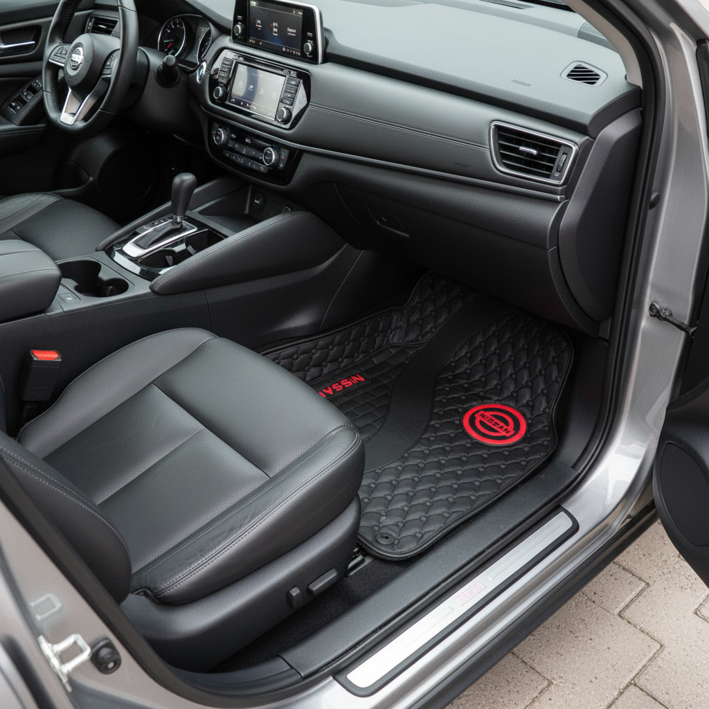 Nissan Universal PVC Rubber Floor Mat Black Red Mix Design - 5 Pcs - Rubber Floor Mats - Car Mats - Vehicle Mats