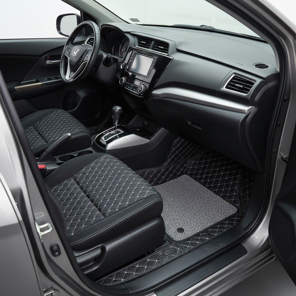 Honda BRV 9D Floor Mats Mix Thread 4 Pcs- Model 2017-2022 - Black With Gray Grass