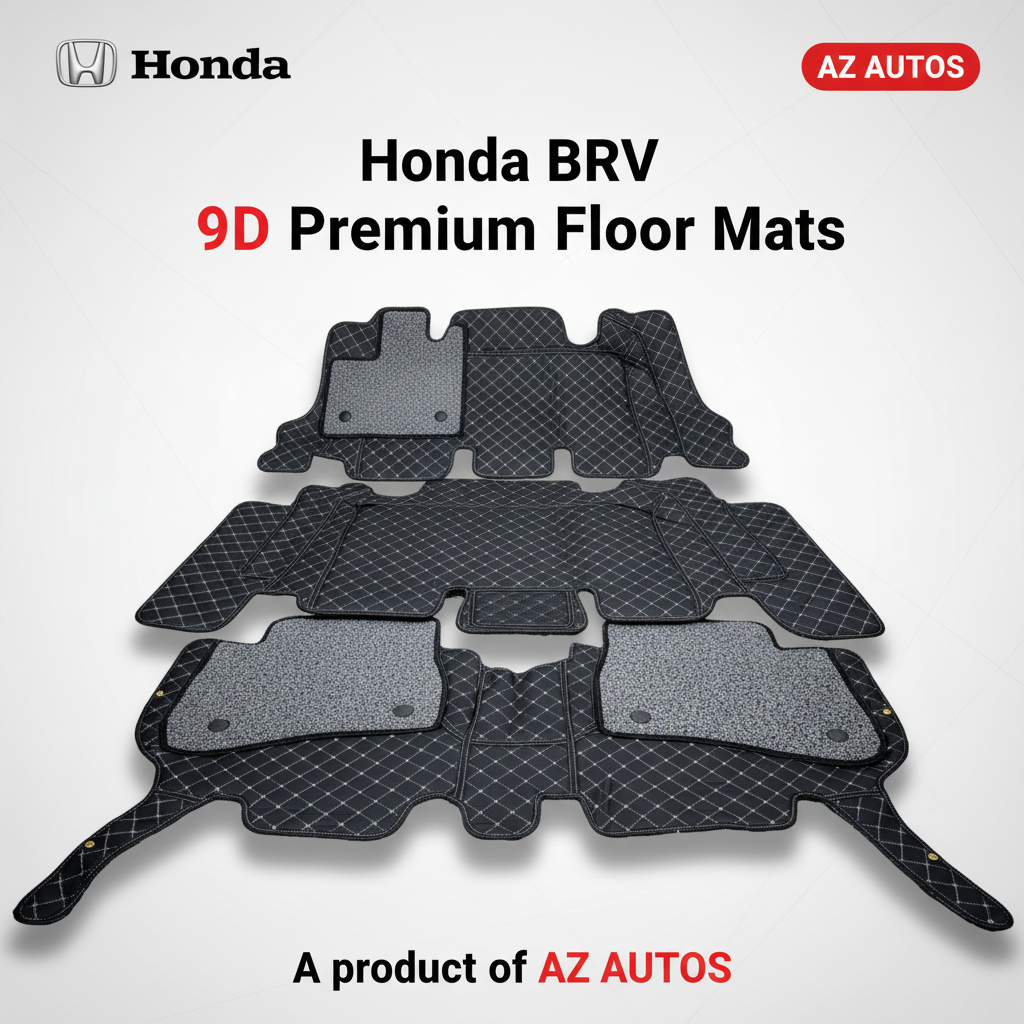 Honda BRV 9D Floor Mats Mix Thread 4 Pcs- Model 2017-2022 - Black With Gray Grass