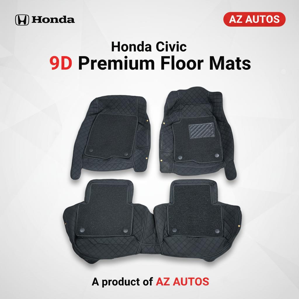 Honda Civic 9D Floor Mats Mix Thread 3 Pcs - Model 2016-2024 - Black With Black Grass
