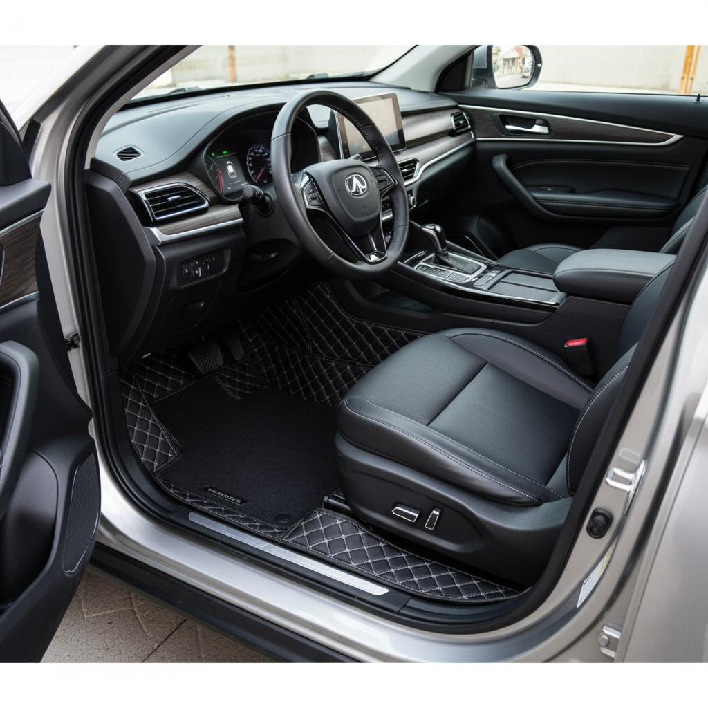 Changan Oshan X7 9D Floor Mats With Mix Thread 2022 - 2025 - Black With Black Grass