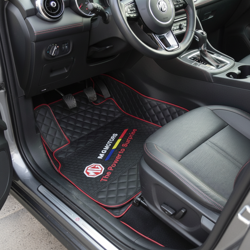 MG Universal PVC Rubber Floor Mat Black Red Mix Design 5 Pcs - Rubber Floor Mats - Car Mats - Foot Mat For Car