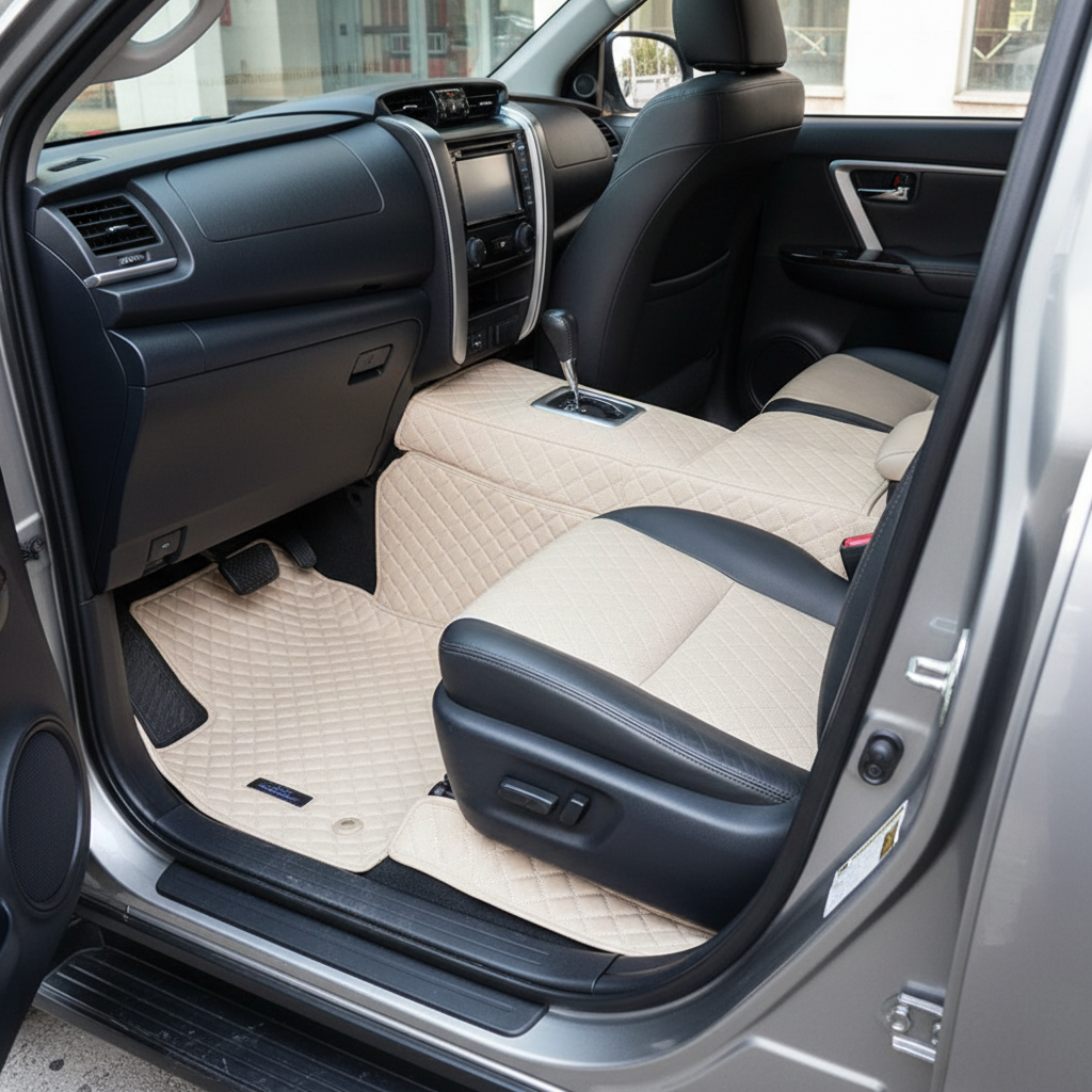 Toyota Fortuner 9D Floor Mats Mix Thread Grass 4 Pc - Model 2016-2021 - Beige With Beige