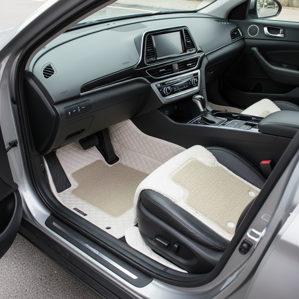 Hyundai Sonata 9D Floor Mats Mix Thread Grass 3 Pcs - Model 2021-2024 - Beige With Beige