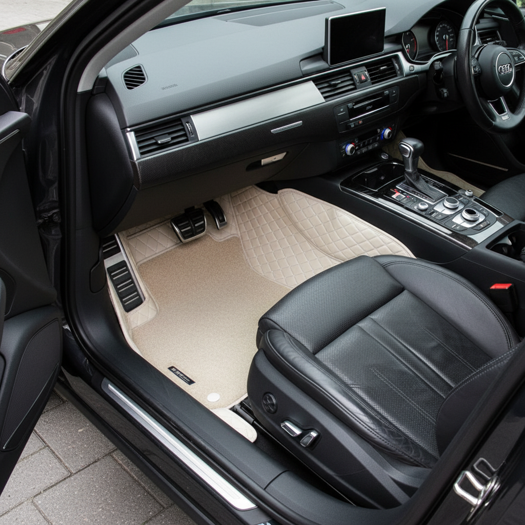 Mercedes Benz C-Class 9D Floor Mats Mix Thread 3 Pcs - Model 2014-2018 - Beige With Beige Grass