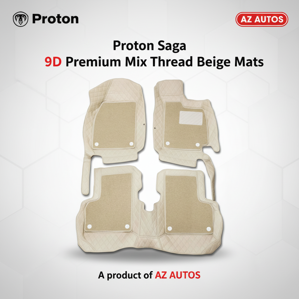 Proton Saga 9D Floor Mats Mix Thread Grass 3 Pcs 2021 - 2025 - Beige With Beige