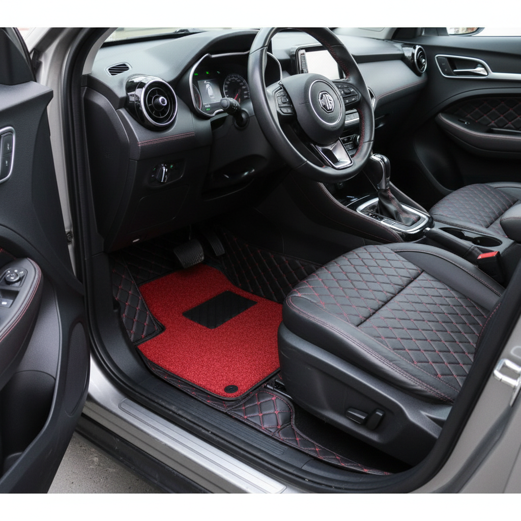 MG ZS 9D Floor Mats Mix Thread Grass 3 Pcs - Model 2020-2022 - Black With Red