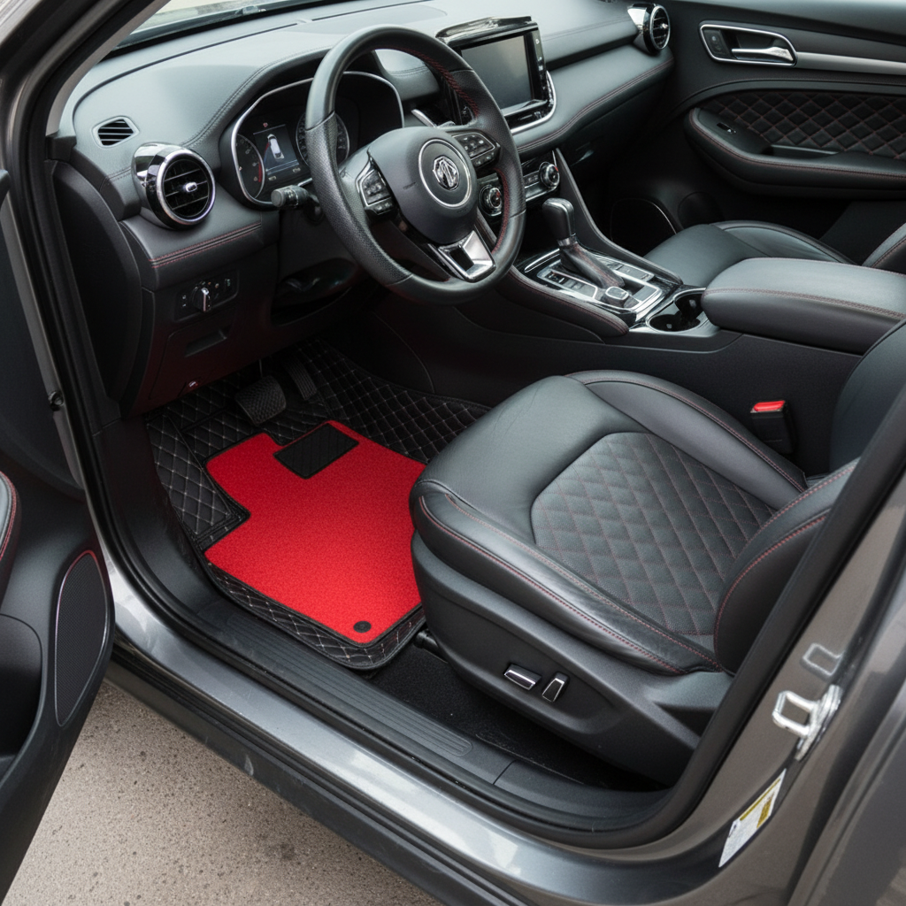 MG HS 9D Floor Mats Mix Thread Grass 3 Pcs - Model 2020-2021 - Black With Red