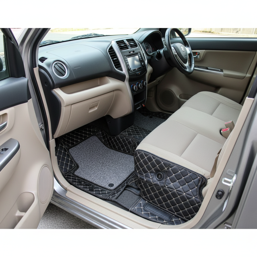 Suzuki Wagon R 9D Floor Mats Mix Thread - Model 2014-2022 - Black With Grey Grass