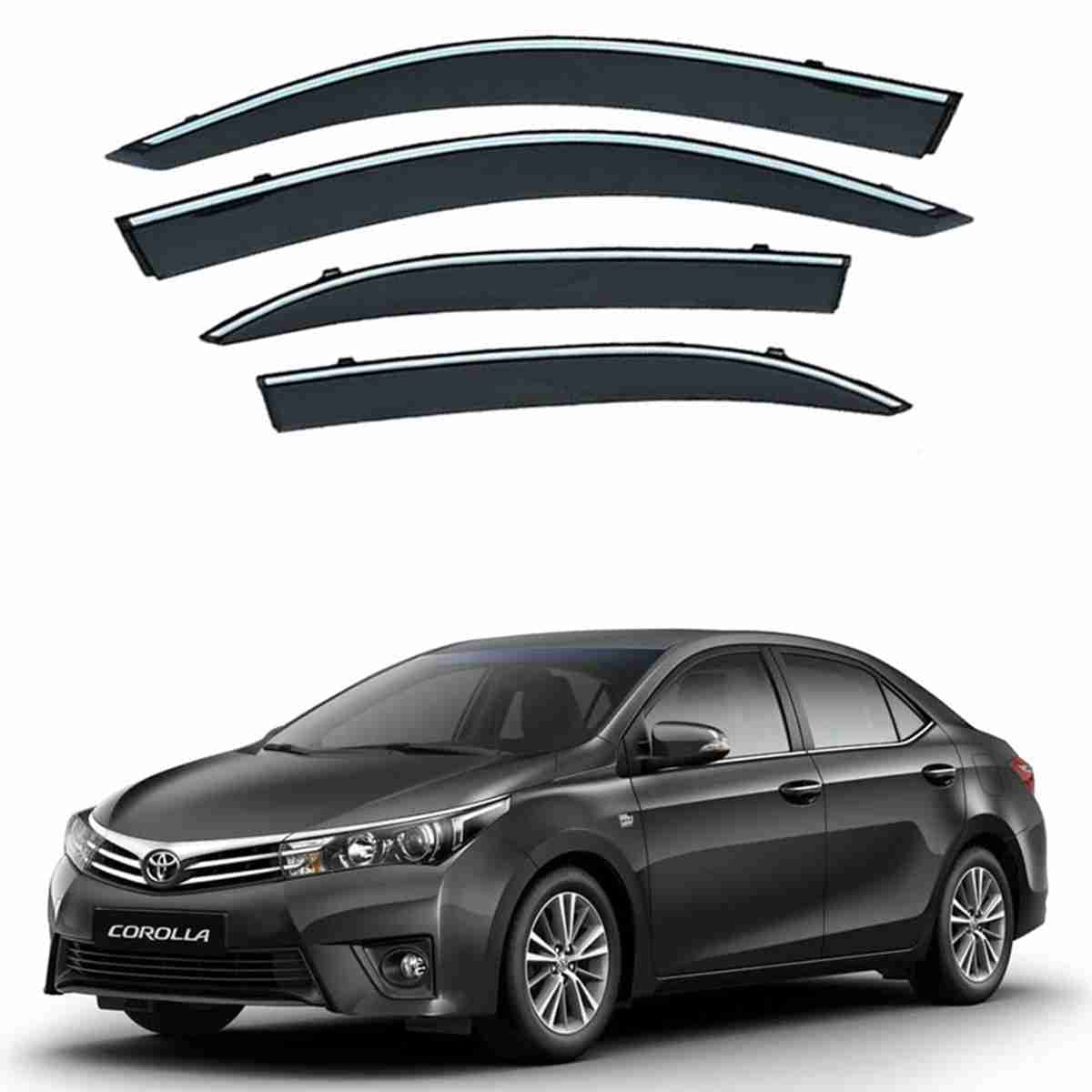 Toyota Corolla 2014 to 2017 – Black Tinted Chrome Trim Air Press – Door Window Visor – Vent Shade – Sun Guard